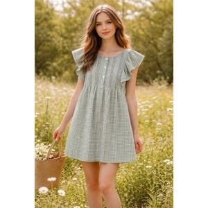 Max Studio Gingham Ruffle Sleeve Mini Dress Womens XL Green White